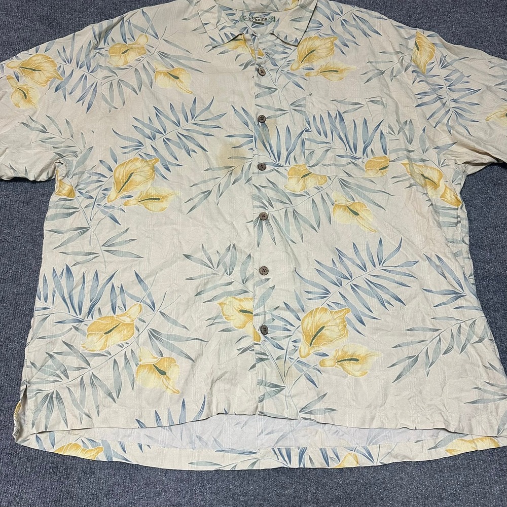 Tommy Bahama Mens XXL Silk Floral Hawaiian Camp Shirt Beige Yellow Blue